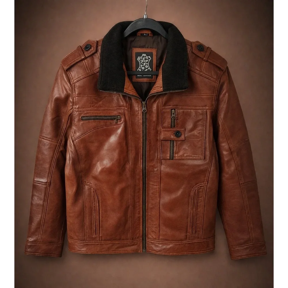 Men's Cognac Brown Real Leather Moto Biker Bomber Jacket Ribbed Collar Size L